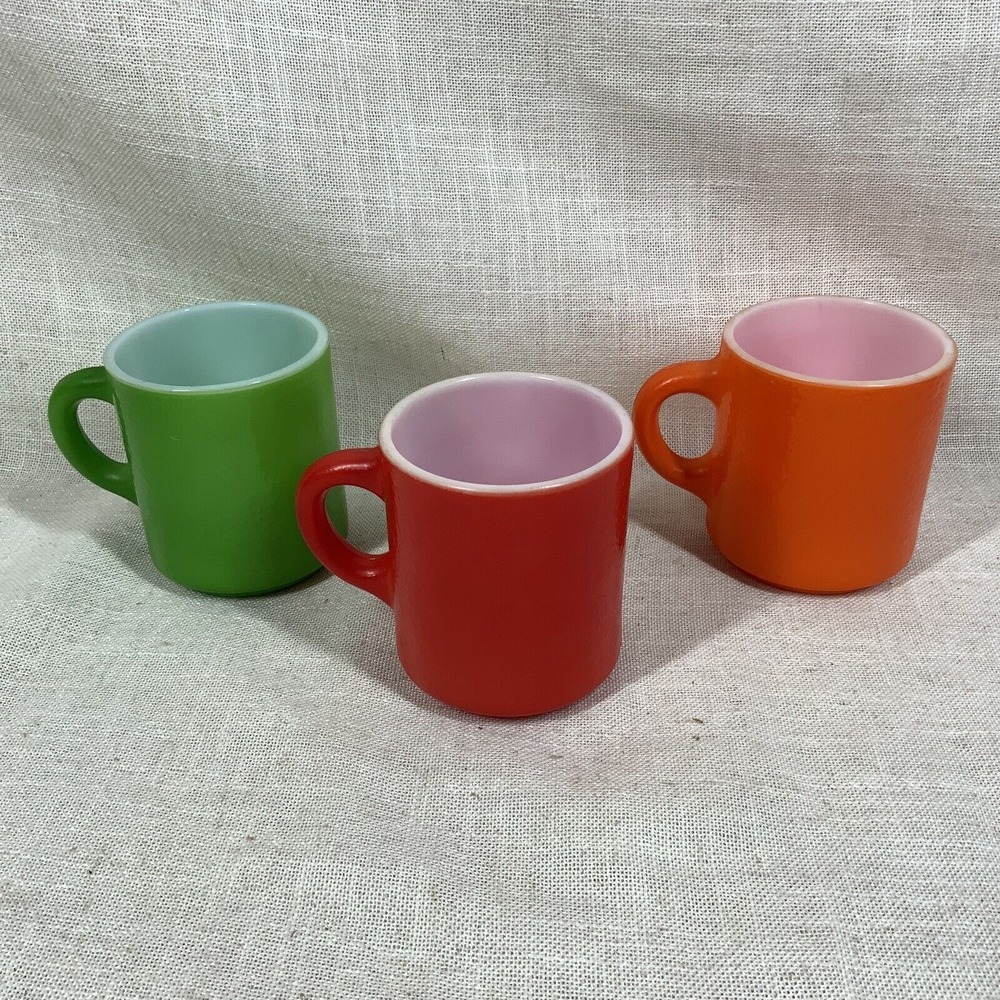 Vtg Set 3 Hazel Atlas "Orange Peel" Texture Painted Milk‎ Glass Cup Mug MCM